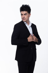 Portrait half body Snap Figure, Caucasian Business Man Stand in dark Black proper Suit pants and shoes, studio lighting white background isolated, Western Male Model happy smile with magician cards