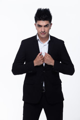 Portrait half body Snap Figure, Caucasian Business Man Stand in dark Black proper Suit pants and shoes, studio lighting white background isolated, Western Male Model happy smile with magician cards