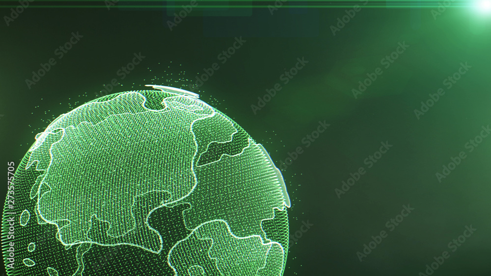 Fototapete Earth Rotate Hi Technology Of Universe Scifi Graphic Illustration. Abstract Virtual Futuristic Spin Particle Wireframe Globe In Galaxy Space With Green Sun Flare Shine Idea Concept Design.