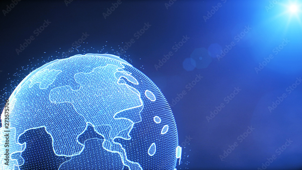 Fototapete Earth Rotate Hi Technology Of Universe Scifi Graphic Illustration. Abstract Virtual Futuristic Spin Particle Wireframe Globe In Galaxy Space With Blue Sun Flare Shine Idea Concept Design.