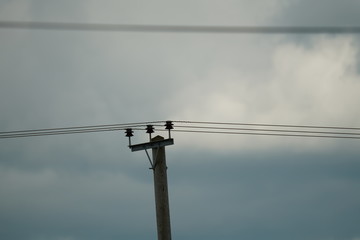 power electricity lines and blue sky with clouds