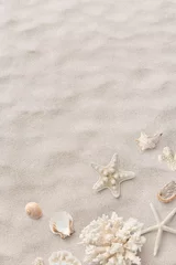 Fototapeten Strand/Meer-Banner oder Header mit wunderschönen Muscheln, Korallen und Seesternen auf reinem weißen Sand - Sommerkonzept © Anja Kaiser