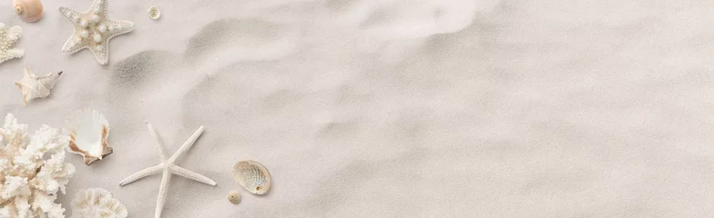 Fototapete Banner oder Header zum Thema Strand / Meer mit schönen Muscheln, Korallen und Seesternen auf reinem weißem Sand - Sommerkonzept © Anja Kaiser