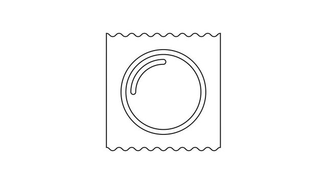 Black Condom in package safe sex line icon on white background. Safe love symbol. Contraceptive method for male. 4K Video motion graphic animation