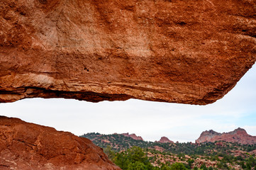 View from underneath Balanced Rock at Garden of the Gods public park in Colorado Springs, Colorado, USA