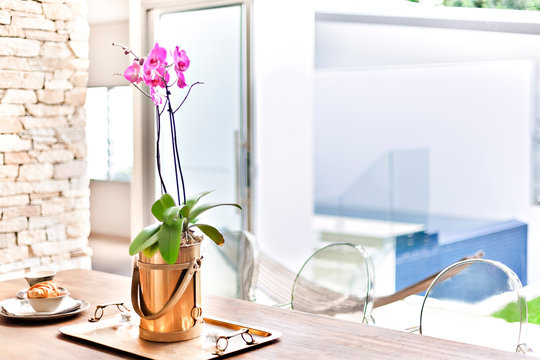 Purple Orchid Flowers In A Gold Color Vase Close Up