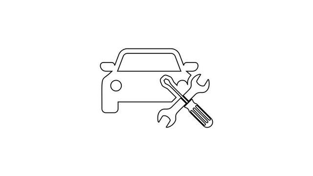Black Car with screwdriver and wrench line icon on white background. Adjusting, service, setting, maintenance, repair, fixing. 4K Video motion graphic animation