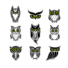 Cute owls collection, black silhouette for your design