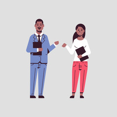 businesspeople man woman holding folder clipboard paper documents african american couple coworkers presenting report presentation teamwork concept flat full length