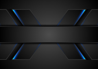 Abstract black tech background with blue neon glowing light