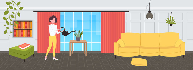 housewife pouring water in domestic potted plant woman holding watering can doing housework concept modern living room interior female cartoon character full length horizontal flat