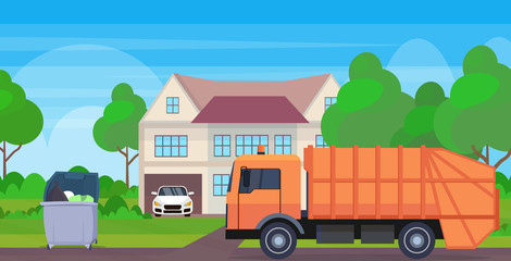 orange garbage truck urban sanitary vehicle loading recycle bins waste recycling concept modern cottage house countryside background flat horizontal