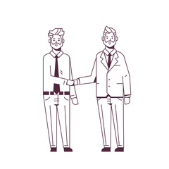 couple businessmen handshaking business partners hand shake during meeting agreement partnership concept male colleagues in formal wear standing together sketch line style full length