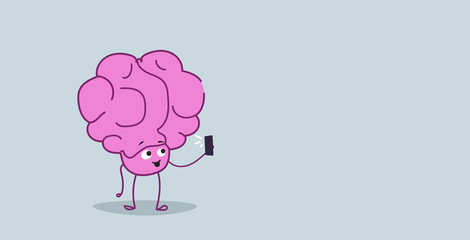 cute human brain taking selfie photo pink cartoon character using smartphone camera kawaii sketch style horizontal
