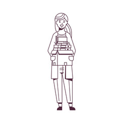 Fototapeta na wymiar businesswoman office worker holding box with stuff things new job business concept female cartoon character full length sketch doodle line style