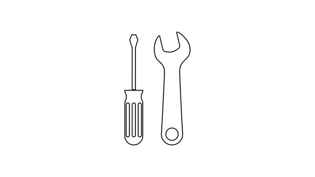 Black Screwdriver and wrench tools line icon on white background. Service tool symbol. 4K Video motion graphic animation