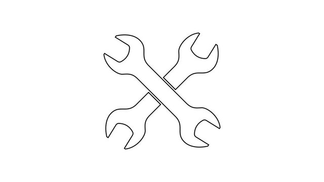 Black Crossed wrenchs line icon on white background. Spanner repair tool. Service tool symbol. 4K Video motion graphic animation