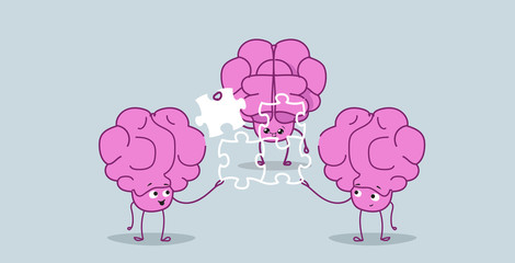 cute human brains putting parts of puzzle together pink cartoon characters brainstorming process successful teamwork strategy concept kawaii sketch style horizontal