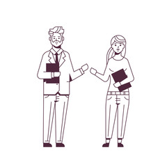 businesspeople man woman holding folder clipboard paper documents couple coworkers presenting report presentation teamwork concept sketch line style full length