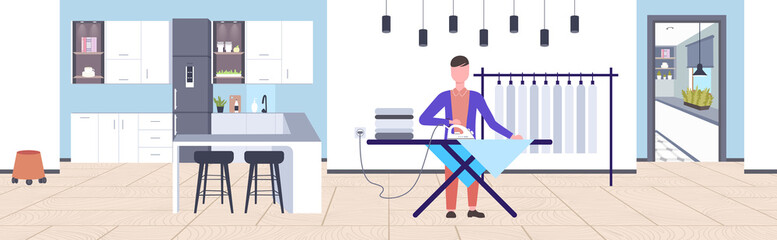 man ironing clothes guy using iron doing housework concept modern home apartment interior male cartoon character full length flat horizontal