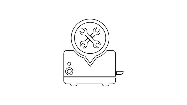Black Toaster with screwdriver and wrench line icon on white background. Adjusting, service, setting, maintenance, repair, fixing. 4K Video motion graphic animation
