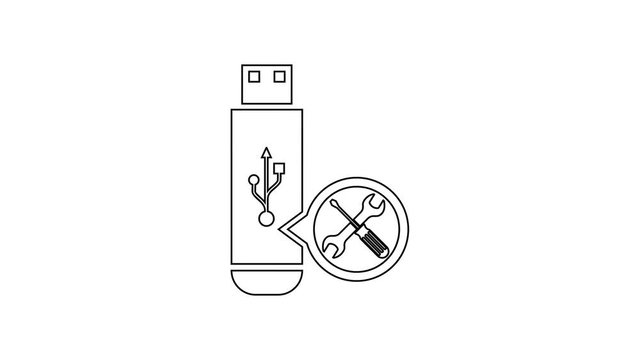 Black USB flash drive with screwdriver and wrench line icon on white background. Adjusting, service, setting, maintenance, repair, fixing. 4K Video motion graphic animation