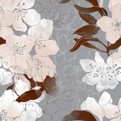 imprints blooming apple tree flowers mix repeat seamless pattern. digital hand drawn picture with watercolour texture.