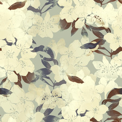 imprints blooming apple tree flowers mix repeat seamless pattern. digital hand drawn picture with watercolour texture.