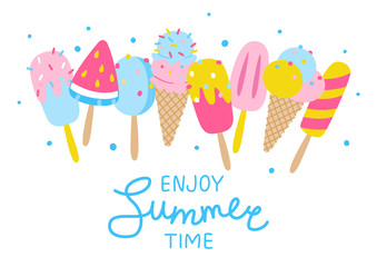 Cartoon ice cream border isolated on white background - summer design