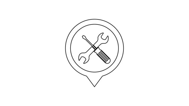 Black Location with crossed screwdriver and wrench tools line icon on white background. Pointer settings symbol. 4K Video motion graphic animation