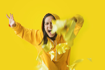 Young girl hood jacket safely shows real emotions