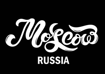 Moscow, Russia. Hand drawn lettering. Vector illustration. Typography poster, banner. Capital of Russia. Europe. Russian flag