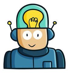 Funny and cute robot with idea lamp in his brain - vector.
