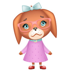 Puppy dog beautiful girl geek cute smile cub hipster animal pet cartoon design isolated vector illustration