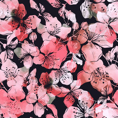 imprints blooming wild cherry - sakura - mix repeat seamless pattern. digital hand drawn picture with watercolour