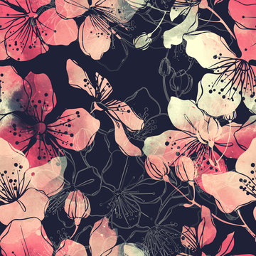 imprints blooming wild cherry - sakura - mix repeat seamless pattern. digital hand drawn picture with watercolour