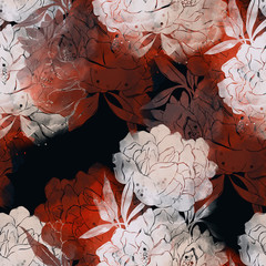 imprints peony mix repeat seamless pattern. digital hand drawn picture with watercolour texture. mixed media artwork.