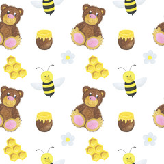  Pattern seamless bear bee honey watercolor illustration digital paper scrapbooking design stickers greeting cards kids textiles