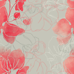 imprints orchid mix repeat seamless pattern. digital hand drawn picture with watercolour texture. mixed media artwork.