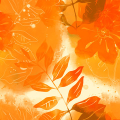 imprints abstract flowers and leaves mix repeat seamless pattern. digital hand drawn picture with watercolour texture.