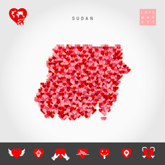 I Love Sudan. Red and Pink Hearts Pattern Vector Map of Sudan Isolated on Grey Background. Love Icon Set.