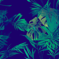 Fototapeta na wymiar imprints bamboo, monstera, palm tree leaves mix repeat seamless pattern. digital hand drawn picture with watercolour
