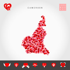 I Love Cameroon. Red and Pink Hearts Pattern Vector Map of Cameroon Isolated on Grey Background. Love Icon Set.