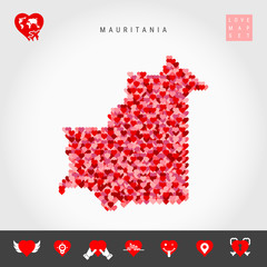 I Love Mauritania. Red and Pink Hearts Pattern Vector Map of Mauritania Isolated on Grey Background. Love Icon Set.