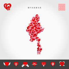 I Love Myanmar. Red and Pink Hearts Pattern Vector Map of Myanmar Isolated on Grey Background. Love Icon Set.