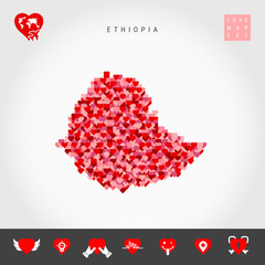 I Love Ethiopia. Red and Pink Hearts Pattern Vector Map of Ethiopia Isolated on Grey Background. Love Icon Set.