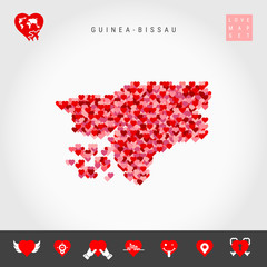 I Love Guinea-Bissau. Red and Pink Hearts Pattern Vector Map of Guinea-Bissau Isolated on Grey Background. Love Icon Set.