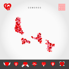 I Love Comoros. Red and Pink Hearts Pattern Vector Map of Comoros Isolated on Grey Background. Love Icon Set.