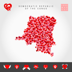 I Love Democratic Republic of the Congo. Red and Pink Hearts Pattern Vector Map Isolated on Grey Background. Love Icon Set.