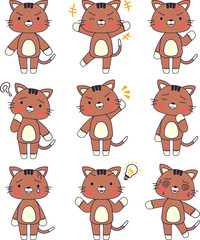 Full-length illustration of the cute brown cat character set
